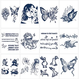 12 láminas de tatuajes semipermanentes realistas para adultos, tinta jagua de origen vegetal de larga duración (2 semanas), resistentes al agua, con diseño de mariposa y serpiente gótica.