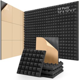 Acoustic Panels, Kuchoow Acoustic Foam Self-Adhesive, 24 Pack Soundproof Wall Panels Sound Proof Foam Panels for Walls Recording Studio Room, 12 X 12 X 2 inches Pyramid Shaped Black