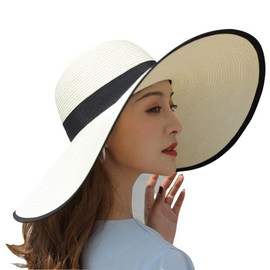 BABAHU Ladies Foldable Wide Brim Straw Sun Hat UPF 50+ Sun Hat, 03-Style White