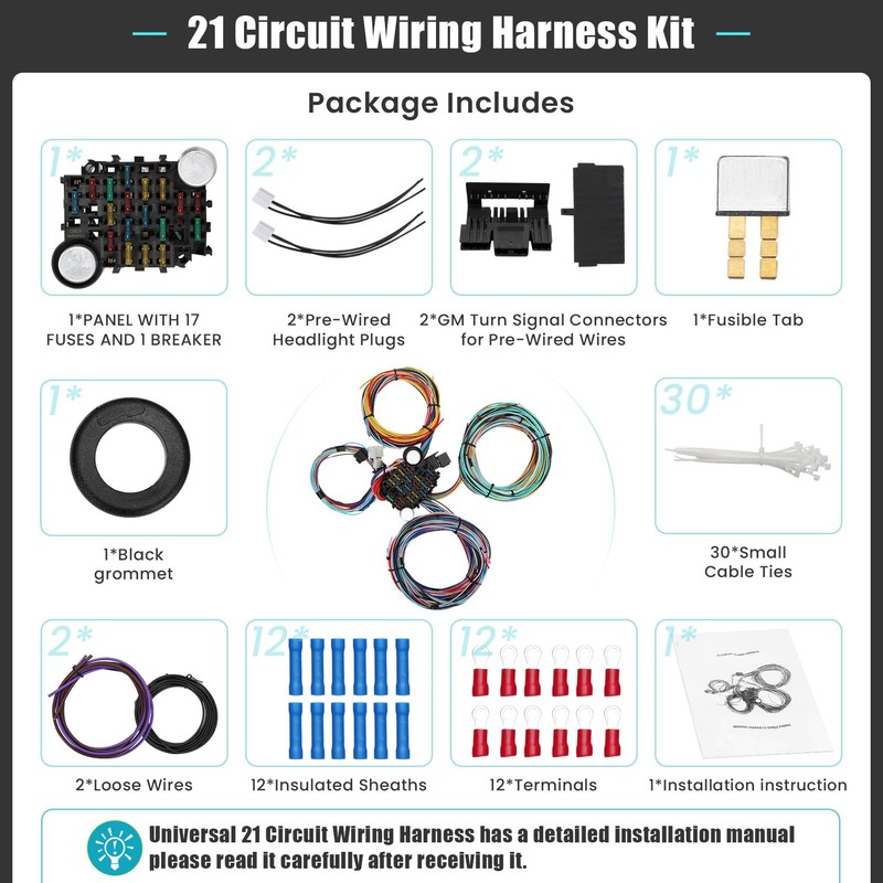Universal 21 Circuit Wiring Harness Kit, Universal Extra Long Wire