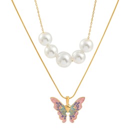Butterfly Necklace for Women Dainty Layer Necklace Pearl Beaded Necklace Butterfly Pendant Necklace Jewelry Gift