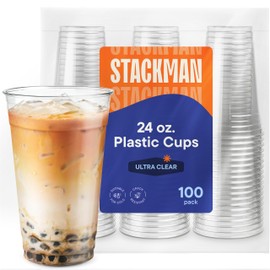 Stack Man [100 Pack - 24 oz.] Clear Disposable Plastic Cups PET Crystal Clear Disposable 24oz Plastic Cups