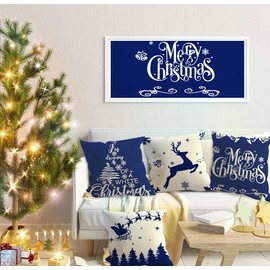 Ywlake 18x18 Merry Christmas Cushion Covers, Decorative Outdoor Indoor Snow Christmas Tree Blue White Pillow Covers Shams Cases Cushion Covers Set of 4 for Couch Sofa