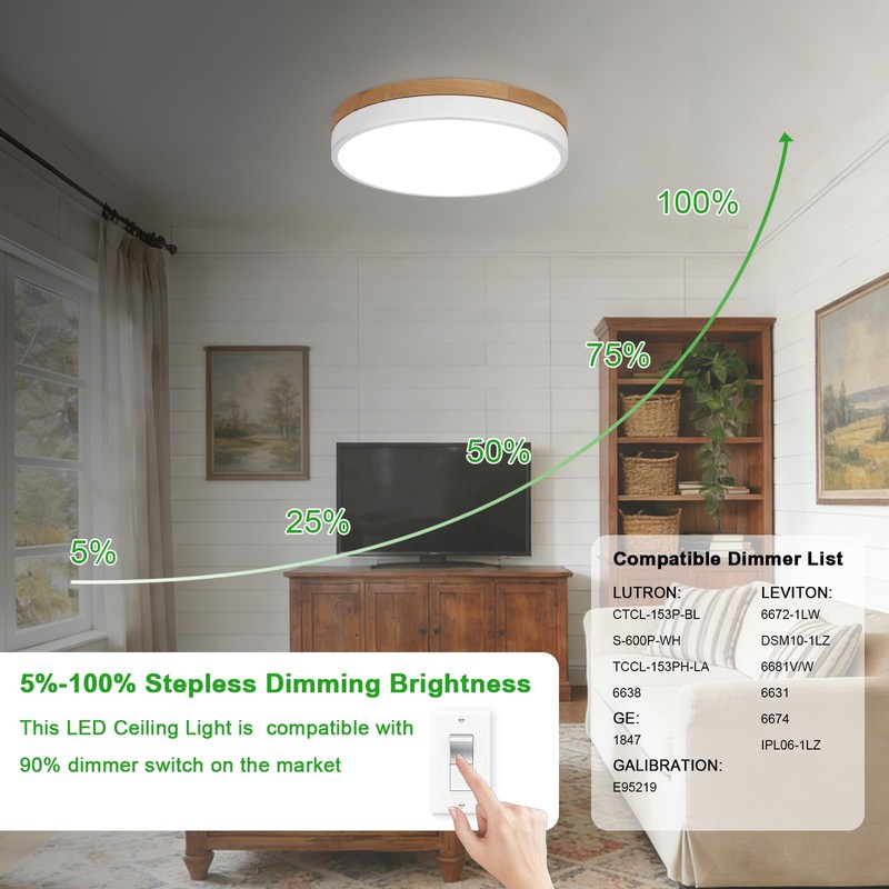 12inch Dimmable Wood led Ceiling Light,Wood Flush Mount Ceiling Light