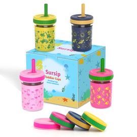 Sursip Toddler Kids Cups with Straw Spill-Proof - 8 oz Glass Mason Jar with Lids Smoothie Snack Water Sippy Cup Toddler 1-3