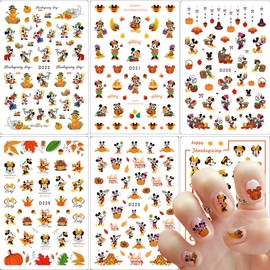Fall Nail Art Stickers- 6 Sheets Kawaii Autumn Nail Decals Cute Pumpkin Maple Leaf Turkey Nail Design Charms DIY Cartoon Nail Decals Thanksgiving Nail Supplies for Women Nail Decor