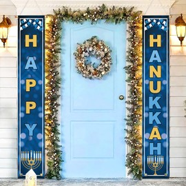 Hanukkah Banner-Happy Hanukkah Door Banner 71x 12 Inch Hanging Blue Chanukah Menorah Holiday Door Porch Sign for Indoor Outside Yard Garden Party Decor