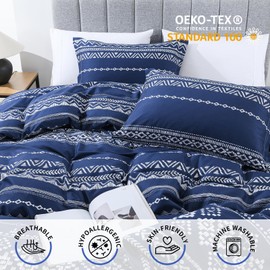 Y-PLWOMEN Navy Duvet Cover Queen - 3 Pieces Aztec Striped Geometric Duvet Cover Set, 100% Cotton Duvet Cover Queen Size, Super Soft Bedding Duvet Covers for All Season, 90"x90", No Comforter
