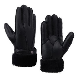 Men Shearling Gloves Winter Leather Gloves Shearling Sheepskin Gloves with Fur Lined,Black,M