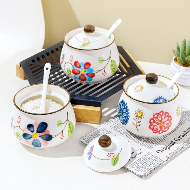 Mosuji Porcelain Sugar Bowls with Lids and Spoons,Ceramic Spice Jars