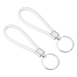 PATIKIL Braided Leather Keychain, 2 Pack PU Key Ring Woven Decoration Lanyard Strap for Bag Wallet, White