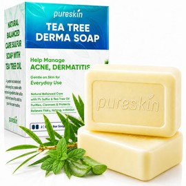 PURESKIN Sulfur & Tea-Tree-Oil Soap Bar: Natural Deep Cleansing for Oily, Acne Dermatitis-Prone & Irritated Skin – Helps Reduce Body Odor & Blemishes – 2 Pack