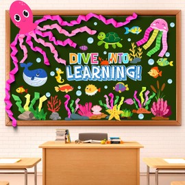 Pasimy 51 Pcs Ocean Bulletin Board Under the Sea Classroom Decorations DIY Sea Animals Octopus Fish Decor Dive into Learning Cutouts for Back to School Summer Party Supplies