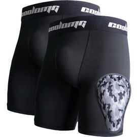 COOLOMG 2-Pack Boys Compression Briefs with Soft Athletic Cup - Youth Baseball Under Shorts Black L