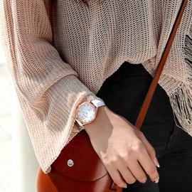 Comtex 腕時計 ホワイト皮革 バンド ウォッチ ローズゴールド 可愛い 丸い 時計 レディース