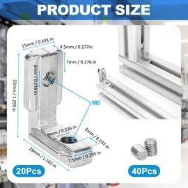 Pack of 20 T-Nut Inner Angle, 3030 M6 Aluminium Profile Connector Groove 6 T Slot 90° Inner Corner Connector with 40 Screws, Aluminium Profile Angle Corner Connector, Corner Connector for Aluminium