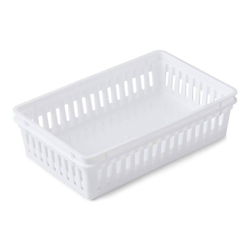 Tribello Plastic Bin Baskets for Organizing, White Storage Tray, Rectangle