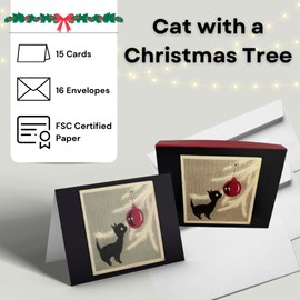 Retrospect Group Cat with Christmas Tree Ornament, 1960- Boxed Winter Holiday Cards with Envelopes- 15 Count- Vintage Feline Art- Ideal for Home and Office