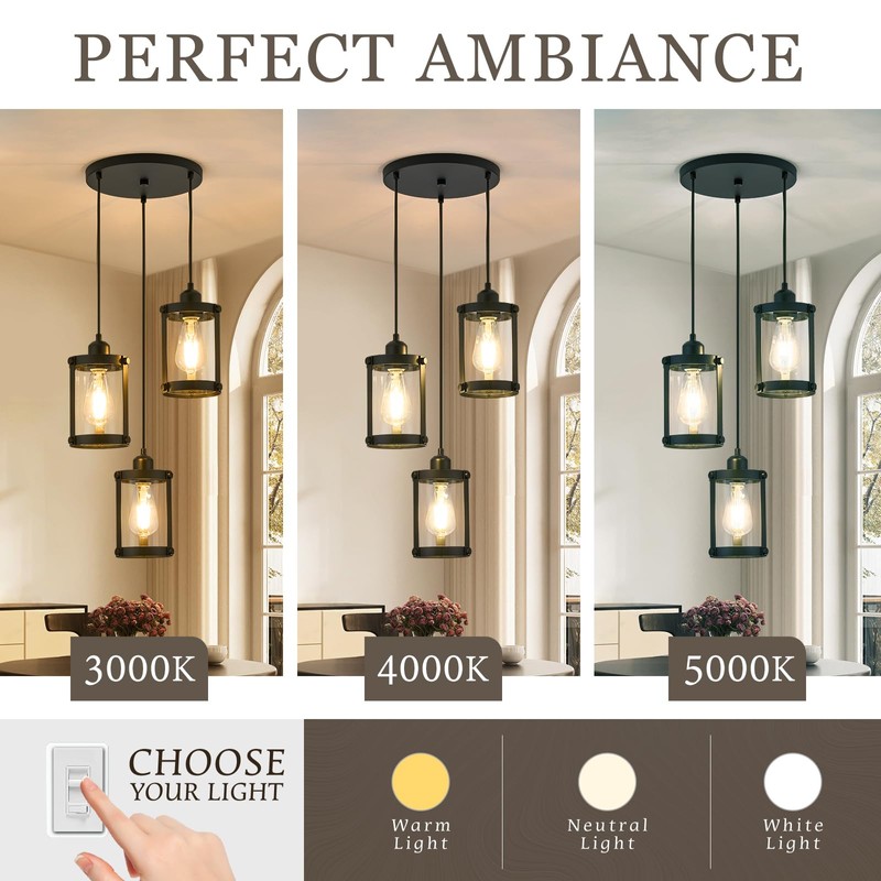 Osimir 3-Light Pendant Lighting, Black Dining Room Chandelier Light Fixture