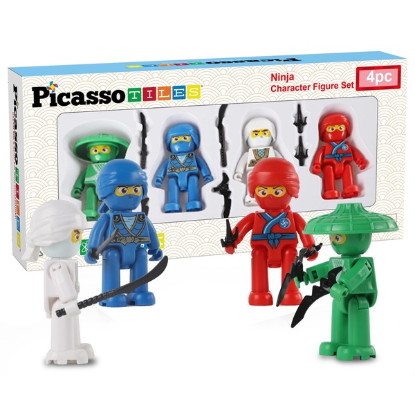 Picasso Toys Magnetic Figures 4 Piece Ninja Character Action Building Block Tiles Toddler Toy Set Magnet Expansion Pack Ages 3 and up Educational STEM Learning Kit Pretend Playset Construction PTA14