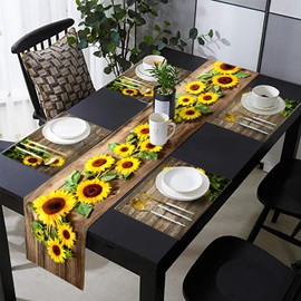 Rustic Sunflower Table Runner and Place Mats Set of 6 – Vintage Wooden Farmhouse Style Dining Mat Set with Bright Floral Art – Washable Linen Tabletop Décor for Home and Kitchen – 70 Inches Long