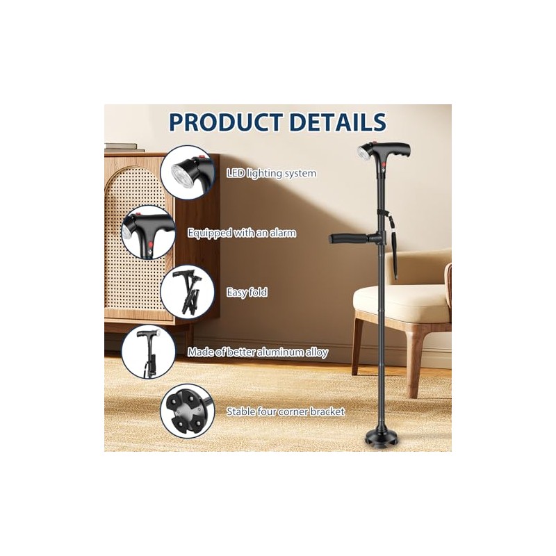 Folding Walking Cane with LED Light, Adjustable Collapsible Standing Canes