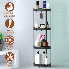 Corner Shelf Stand 4 Tier Corner Shower Caddy Floor Standing Corner Shelf Carbon Steel Bathroom Storage Rack Organizer Stand with 4 Hooks Tall Shelf Plant Stand for Bedroom,Bathroom,Small Space