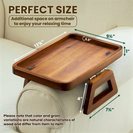 Tinamo Acacia Couch Arm Table - Wooden Sofa Armrest Tray - Clip-on Tray for Wide Couch - Side Table for Eating & Drink (Acacia)