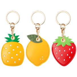 Keboyoe Pack of 3 Airtag Protective Leather Keyring Protective Case Airtag Case, Bag Charms, AirTag Pendant Lemon Strawberry Pineapple Leather Case Key Fob PU Leather Key Holder