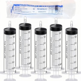 Gulenvailo Syringes 2.4 fl oz (60 ml), Set of 5, Syringes with Cap, Large Capacity, Plastic, Needlesless, Sterilized, Oil Injection, Pet Feeding, Cat and Dog, Water Supply, Washing, Liquid Measurement