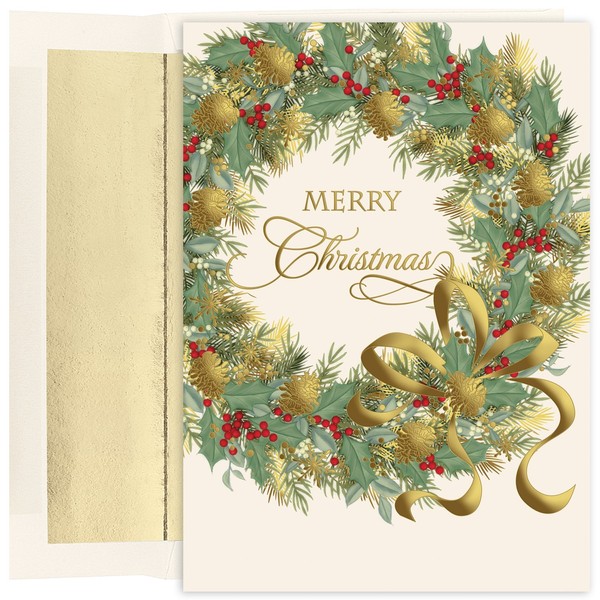 Masterpiece Studios Holiday Collection 16-Count Boxed Embossed Christmas Cards with Foil-Lined Envelopes, 7.8" x 5.6", Traditional Wreath (893800)