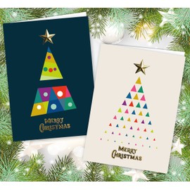Charity Christmas Cards Pack of 32. Each Christmas Card multipack has 8 different Festive Tree designs. 3D Gold Foiling. Ecofriendly cards, envelopes and box. Blank Inside.