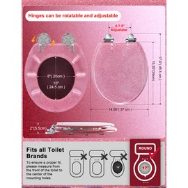 Toilet Seat Pink, Resin Toilet Seat Round Glitter Pink, Slow Quiet-Close Lid and Seat Heavy Duty for Standard Toilets, Easy Installation & Cleaning (Round 17 Inch,Pink Glitter)
