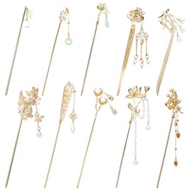 Lawie 10 Pack Retro Gold Metal Long Hair Sticks Pins with Pearl Jade Dangles Tassels Pendants Chinese Hanfu Asian Flower Butterfly Hair Chopsticks
