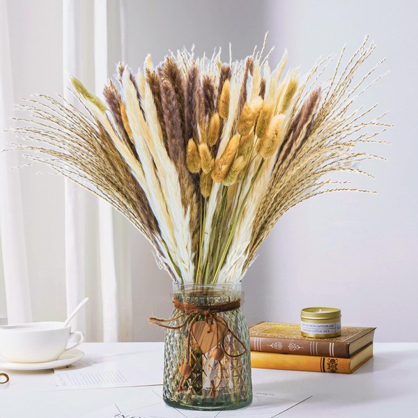 Dazzle Bright 17.5 in Dried Pampas Grass Decor, 100 PCS Pampas Grass Contains Bunny Tails Dried Flowers, Reed Grass Bouquet for Wedding Boho Flowers Home Table Decor (White and Brown)