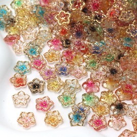 50Pcs Flower Nail Art Charms Clear 3D Flower Nail Supplies Gold Edge Floral Rhinestones Crystal Resin Mixed Colorful Flowers for Nails Spring Summer Nail Charms for Women Manicure Decoration DIY Craft