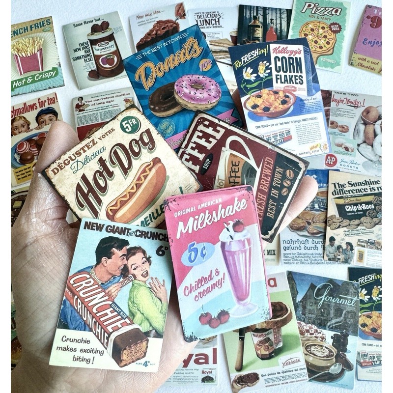 10 Pcs Dollhouse Miniature Restaurant Store Poster Retro self adhesive