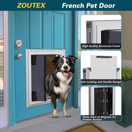 Large Dog Door, Energy Efficient French Doggy Door with Aluminum Frame, Telescoping Tunnel, Magnetic Flaps and Sliding Lock Panel - Large