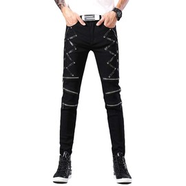 Idopy Men`s Punk Gothic Night Club Party Buckles Motorcycle Pants Biker Jeans (32, Black 1610)
