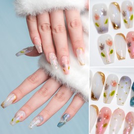 Sun&Beam Nails Handmade Nail Tip, Medium, Long, Ballerina, Pink, Blue, Gold, Popular, 3D, Fashionable, Cute Design, False Nails, Set of 10 (#56 XS)