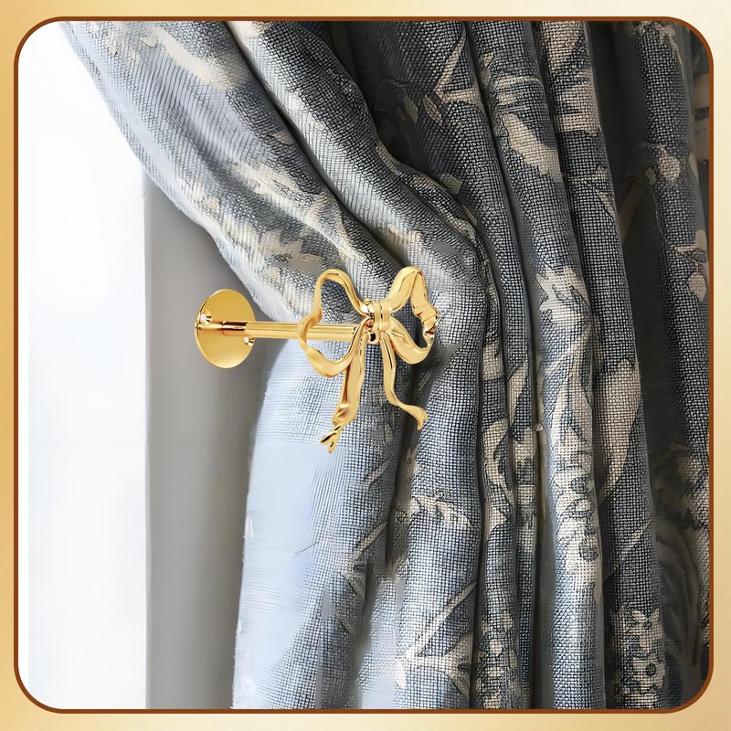 2Pcs Metal Bow Curtain Fixers, Curtain Holdbacks Gold Bow Decorations