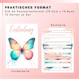 HIDEBLOOM Butterfly Invitation Cards for Children's Birthday Girls I Pack of 12 I DIN A6 (10.5 cm x 14.8 cm) I Invitation Cards Girls Birthday I Children's Party I Birthday Invitations Girls