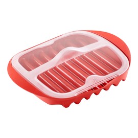 QWLWBU Microwave Bacon Tray with Splatter Lid,Microwave Bacon Cooker Make Crispy Bacons in few Minutes,Microwave Easy Bacons Maker Quick and with No Mess(Red+White,Size:11.02x9.84x2.36inch)