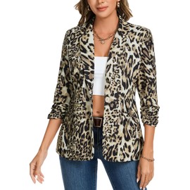 MINTLIMIT Women Blazer Jacket Elegant Notched Lapel for Formal Occasions Tops Coat Outerwear (Leopard-Yellow Brown L)