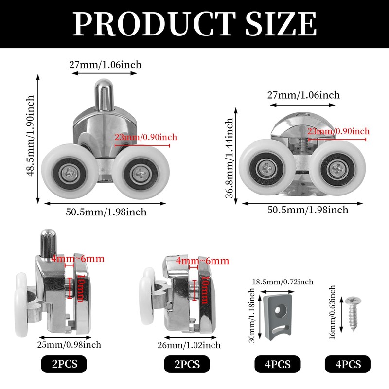Hevysuo 4 Pcs Wheel Shower Door Rollers,23mm Diameter Metal Shower