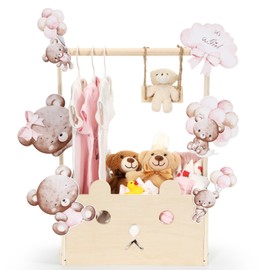 Cinnvoice Baby Shower Bear Gift Baskets with Hanger Rack, Wooden Crate Closet Bear Cards Decoration Crate for Baby Boys Girls Pregnancy New Parent Gifts(Pink,It's A Girl)