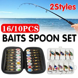 AIMALL 10/16PCS Fishing Lure Spinners Bait Spoon Set with Portable Tackle Box – Assorted Trout and Bass Fishing Tackle Kit for Freshwater and Saltwater