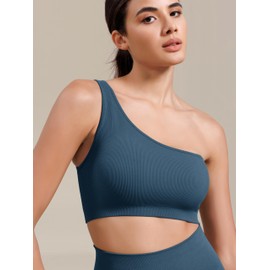 ODODOS Seamless One Shoulder Sports Bra for Women Ribbed Asymmetrical Non Padded Yoga Crop Tank Tops, Ocran, Medium