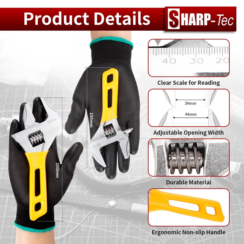 Sharp-tec Adjustable Spanner Set, Wide Jaw Opening Adjustable Wrench, Heavy-Duty