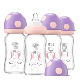 YOHKOH Natural Glass Baby Bottle with Natural Response Nipple, Newborn Anti-Colic Baby Bottles, Wide Neck Mushroom Cap Baby Bottle, Clear ((5.4oz (Pack of 4), Purple)